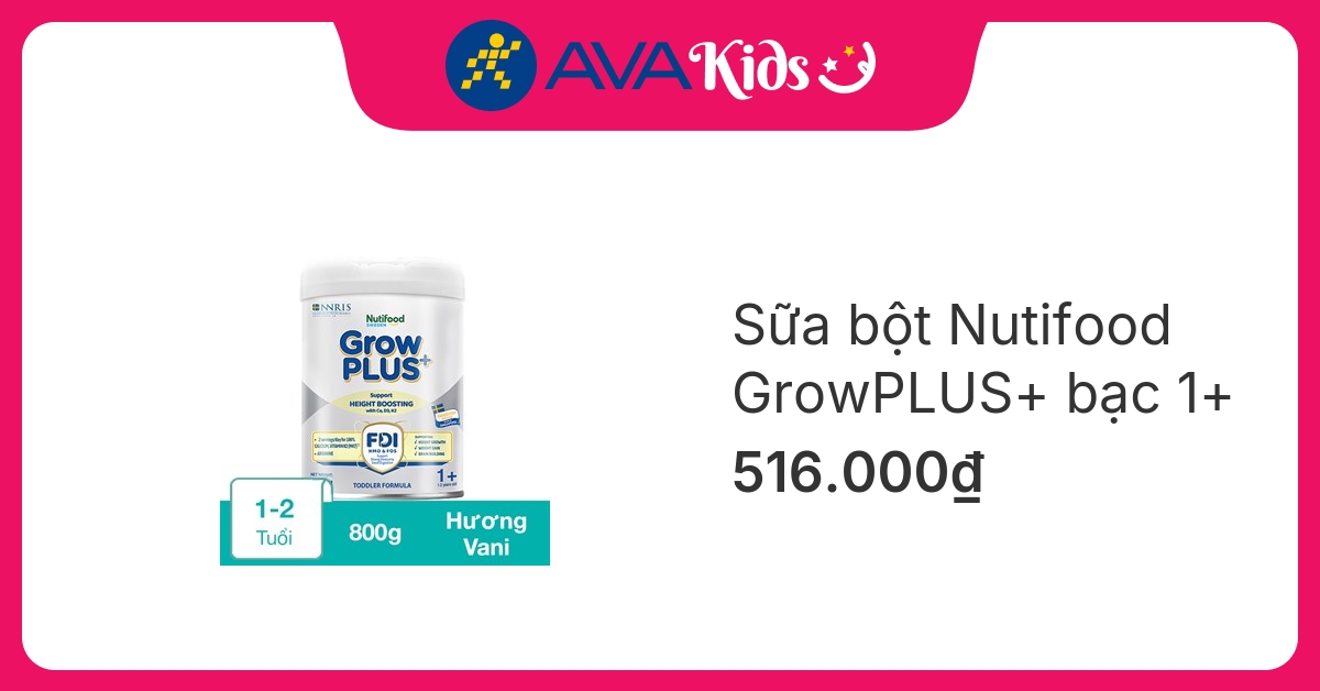 Sữa bột Nutifood GrowPLUS+ bạc 1+ hương vani 800g (1 - 2 tuổi)