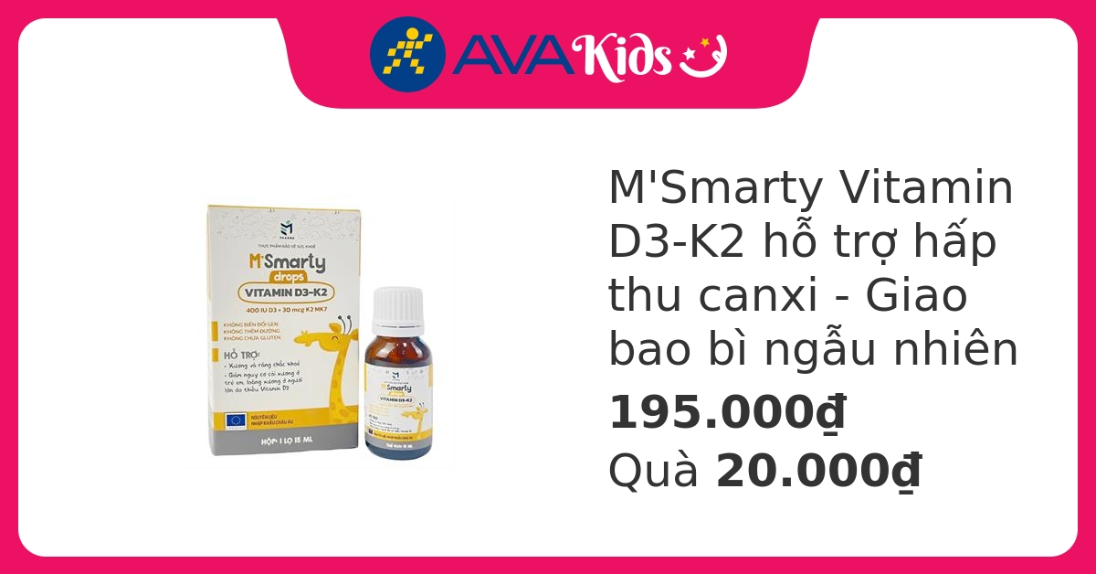 M'Smarty Vitamin D3-K2 hỗ trợ hấp thu canxi, 15 ml dạng nhỏ giọt (từ 0 tháng) - Giao bao bì ngẫu nhiên