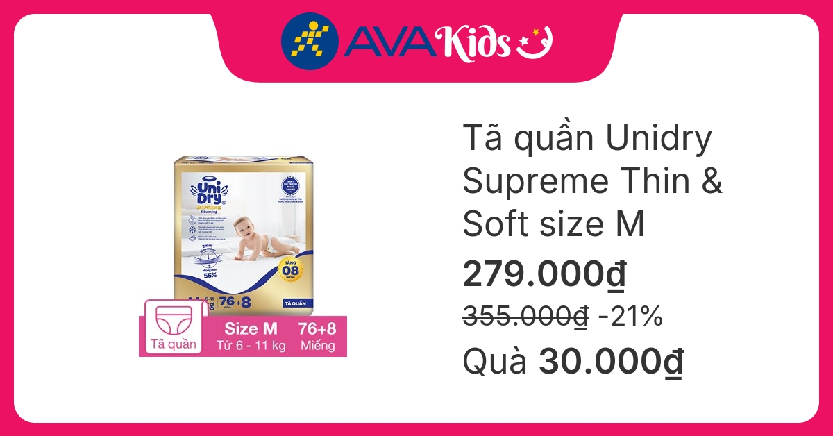 Tã quần Unidry Supreme Thin & Soft size M 76 + 8 miếng (6 - 11 kg)