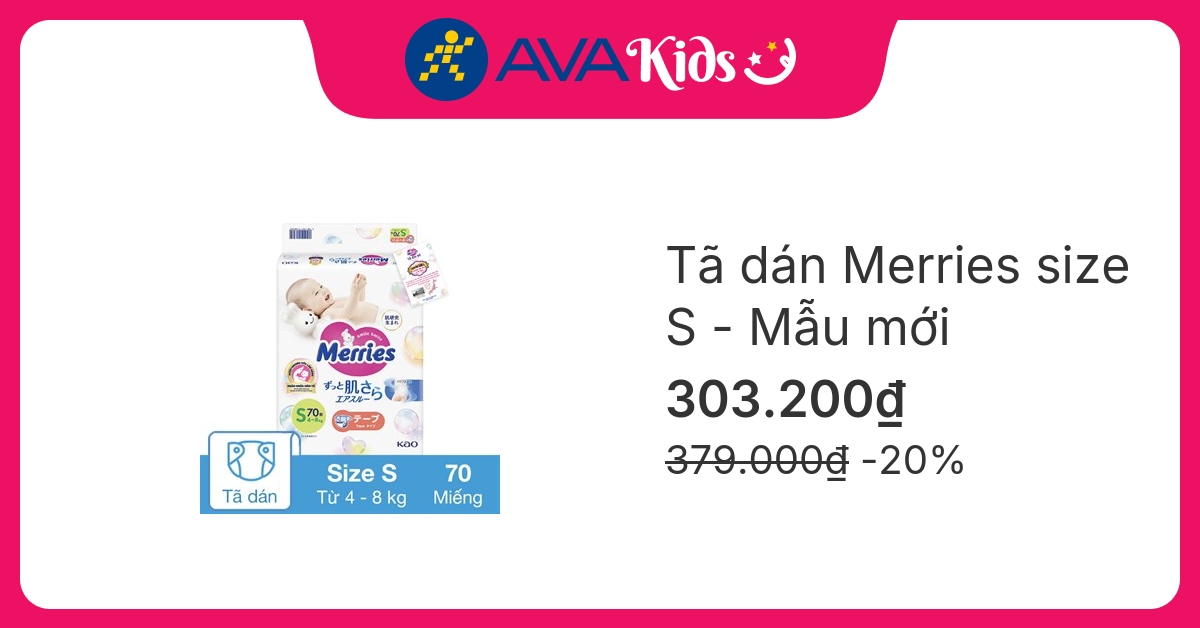 Tã dán Merries size S 70 miếng (4 - 8 kg) - Mẫu mới