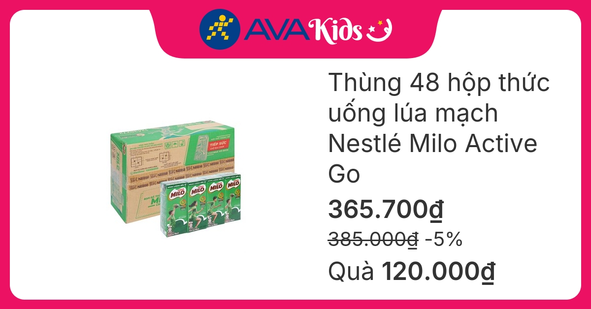 Thùng 48 hộp thức uống lúa mạch Nestlé Milo Active Go 180 ml (từ 2 tuổi)