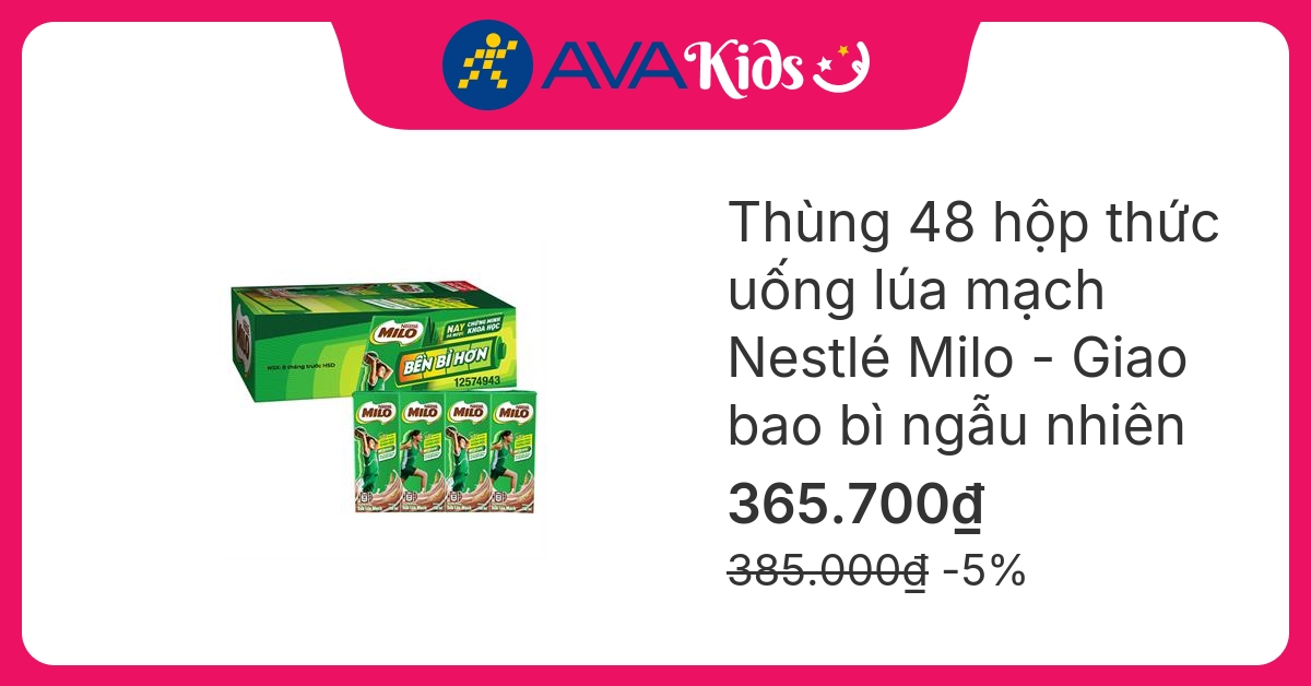 Thùng 48 hộp thức uống lúa mạch Nestlé Milo 180 ml (từ 2 tuổi) - Giao bao bì ngẫu nhiên