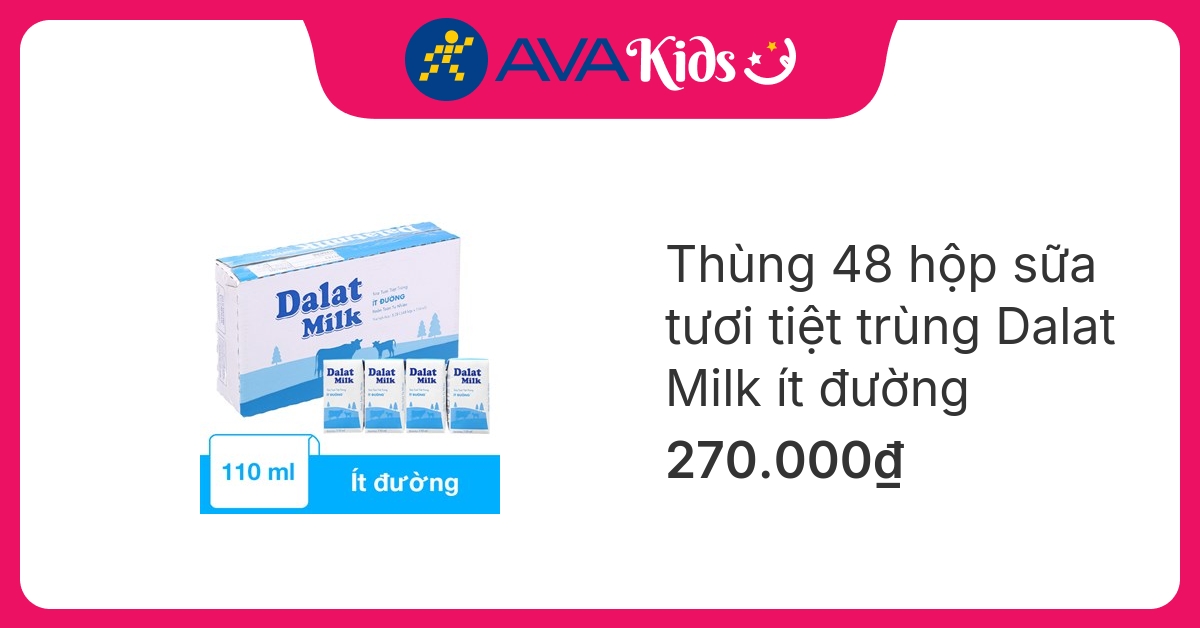 Thùng 48 hộp sữa tươi tiệt trùng Dalat Milk ít đường 110 ml (từ 1 tuổi)