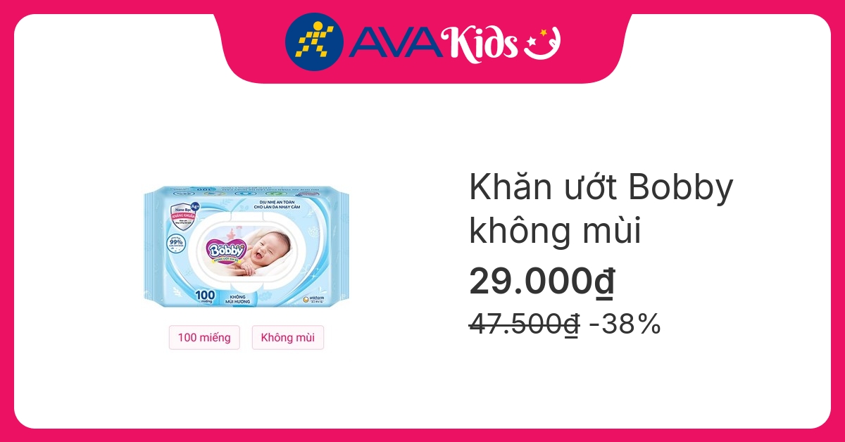 Khăn ướt Bobby dịu nhẹ cho da nhạy cảm không mùi gói 100 miếng