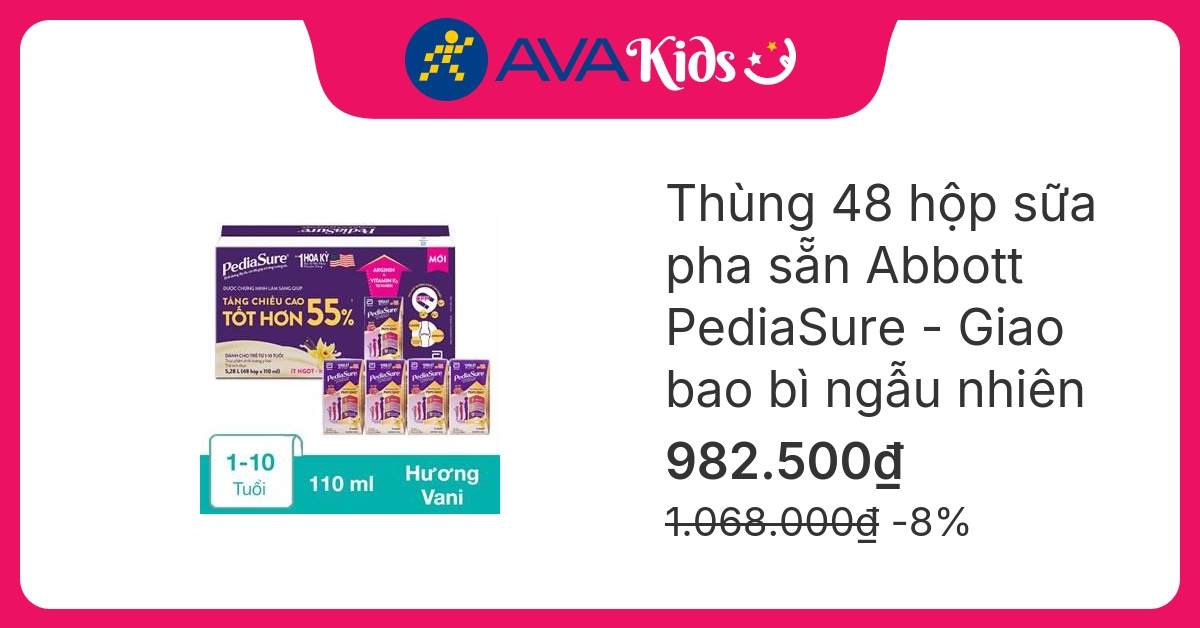 Thùng 48 hộp sữa pha sẵn Abbott PediaSure hương vani 110 ml (1 – 10 tuổi) hover