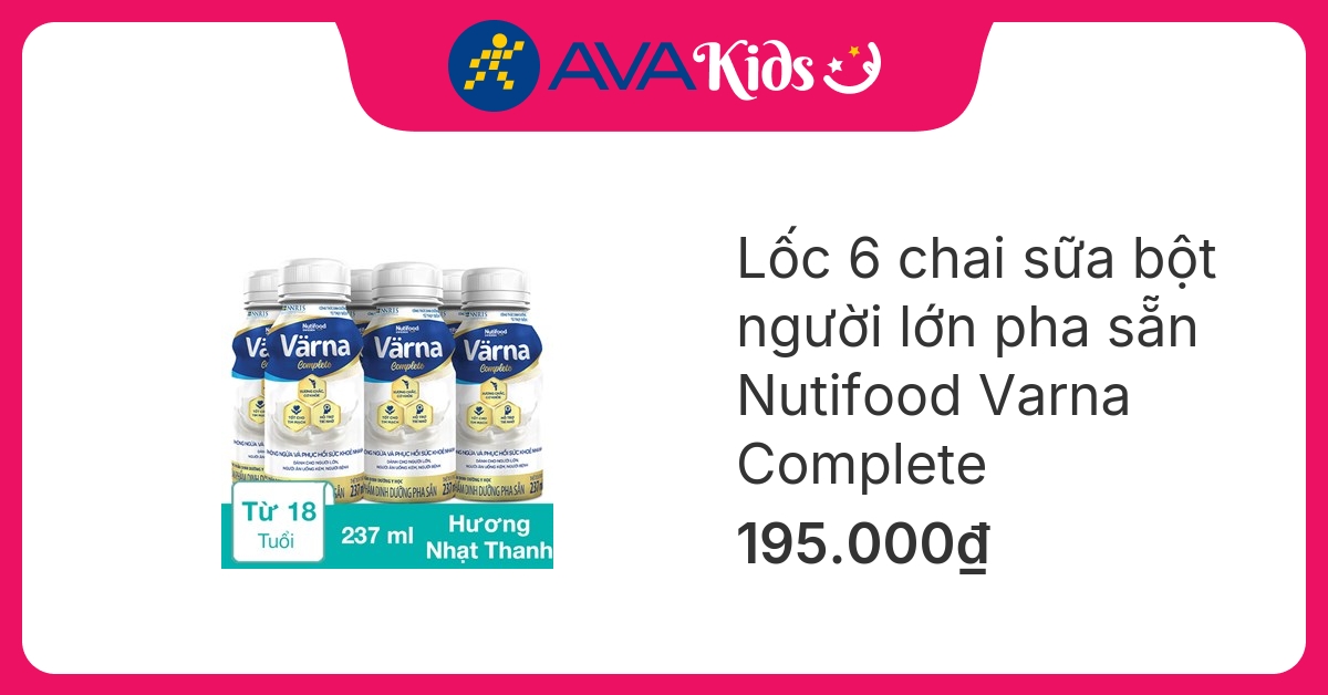 Lốc 6 chai sữa bột người lớn pha sẵn Nutifood Varna Complete hương nhạt thanh 237 ml