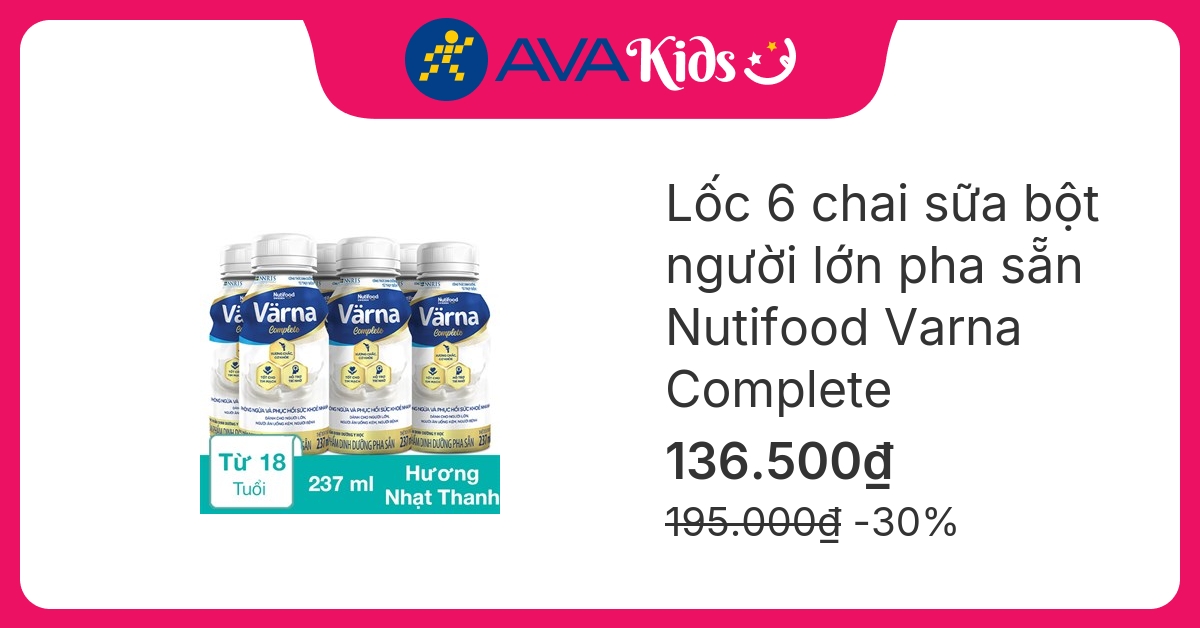 Lốc 6 chai sữa bột người lớn pha sẵn Nutifood Varna Complete hương nhạt thanh 237 ml