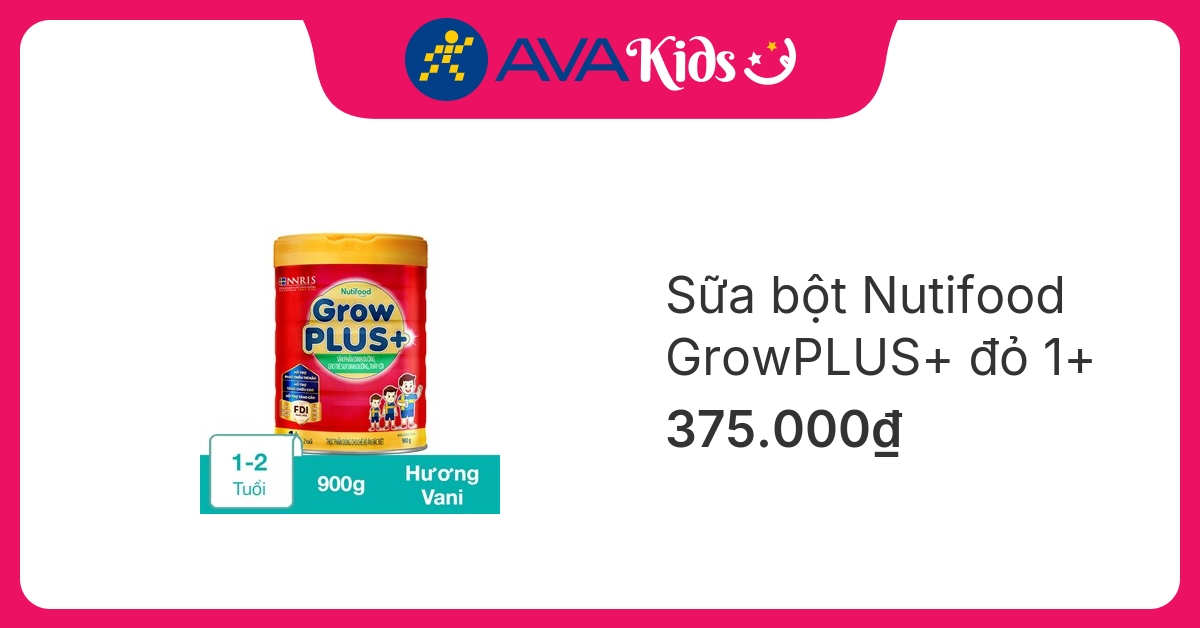 Sữa bột Nutifood GrowPLUS+ đỏ 1+ hương vani 900g (1 - 2 tuổi) cho trẻ suy dinh dưỡng, thấp còi