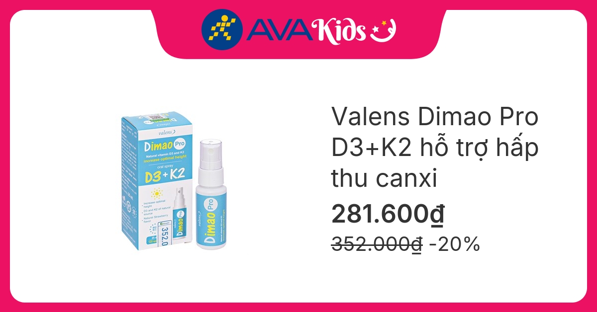 Valens Dimao Pro D3+K2 hỗ trợ hấp thu canxi hương dâu, 25 ml dạng xịt (từ 0 tháng)