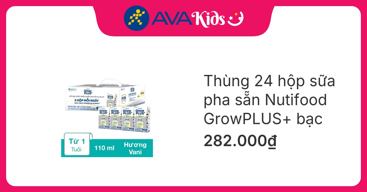 Thùng 24 hộp sữa pha sẵn Nutifood GrowPLUS+ bạc hương vani 110 ml (từ 1 tuổi)