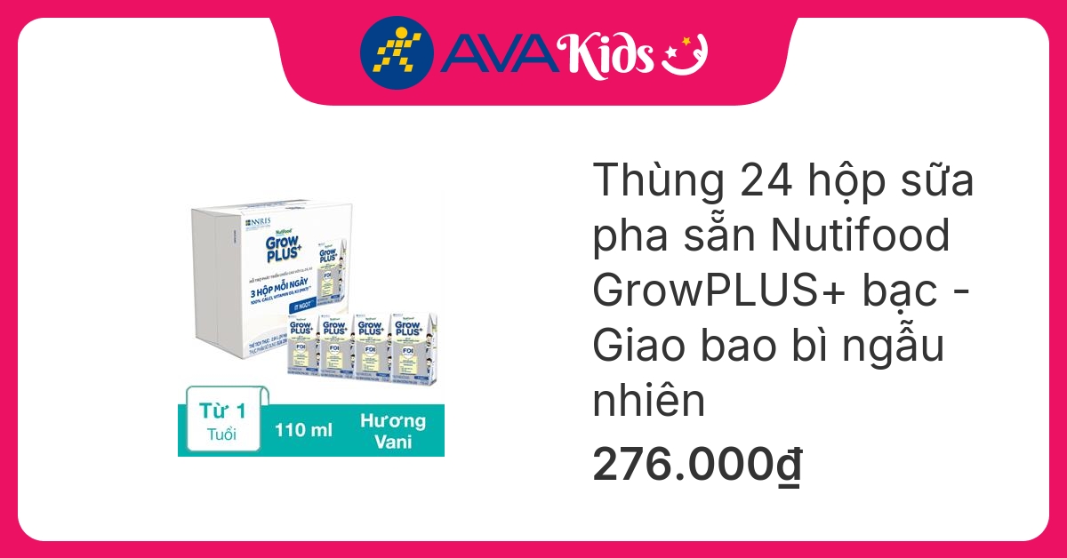 Thùng 24 hộp sữa pha sẵn Nutifood GrowPLUS+ bạc hương vani 110 ml (từ 1 tuổi) - Giao bao bì ngẫu nhiên