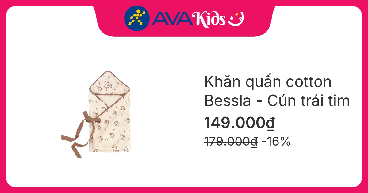 Khăn quấn cotton Bessla 70x70 cm - Cún trái tim