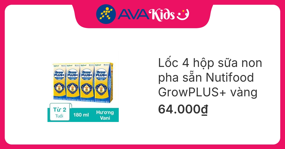 Lốc 4 hộp sữa non pha sẵn Nutifood GrowPLUS+ vàng hương vani 180 ml (từ 1 tuổi) hover