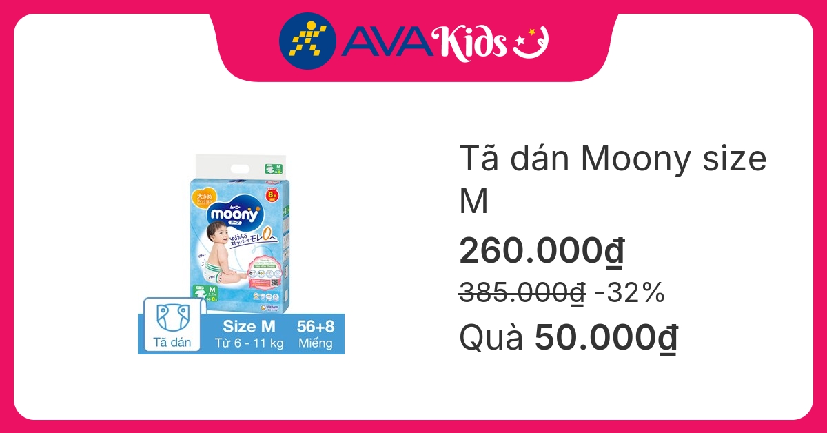 Tã dán Moony size M 56 + 8 miếng (6 - 11 kg)