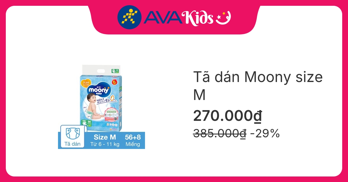 Tã dán Moony size M 56 + 8 miếng (6 - 11 kg)