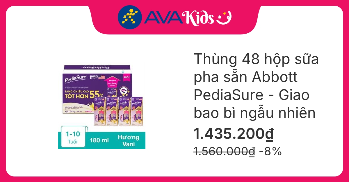 Thùng 48 hộp sữa pha sẵn Abbott PediaSure hương vani 180 ml (1 – 10 tuổi) hover