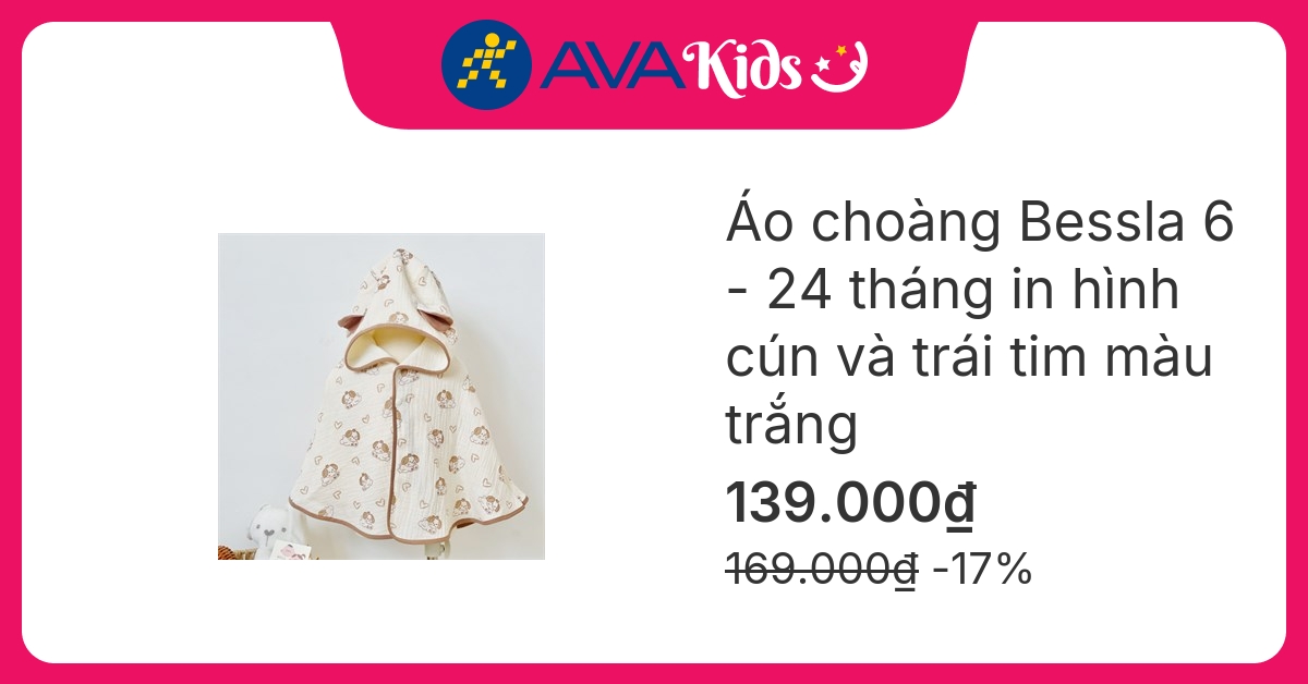 Áo choàng Bessla 6 - 24 tháng in hình cún và trái tim màu trắng
