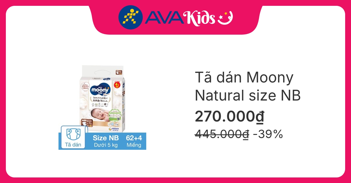 Tã dán Moony Natural size NB 62 + 4 miếng (Dưới 5 kg)