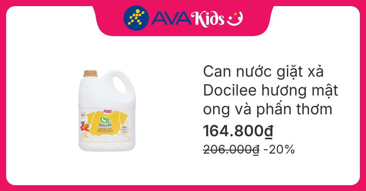 Nước giặt xả quần áo cho bé Docilee Organic - Funny Bee hương mật ong và phấn thơm can 3 lít