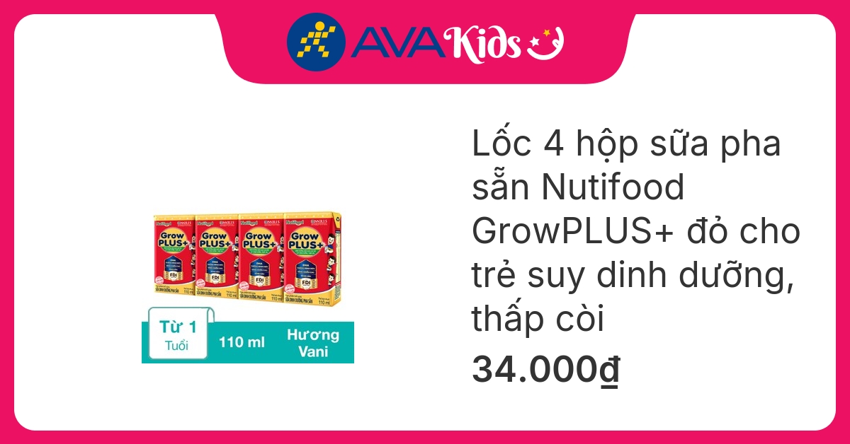 Lốc 4 hộp sữa pha sẵn Nutifood GrowPLUS+ đỏ hương vani 110 ml cho trẻ suy dinh dưỡng, thấp còi (từ 1 tuổi) hover