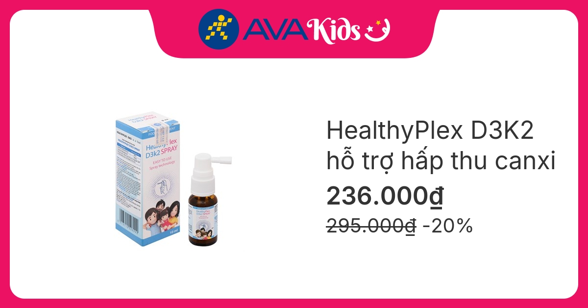 HealthyPlex D3K2 hỗ trợ hấp thu canxi hương dâu, 10 ml dạng xịt (từ 0 tháng)