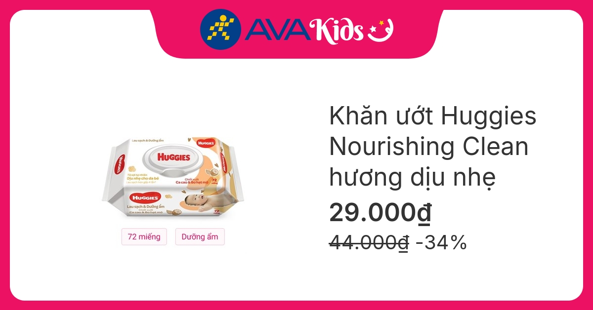 Khăn ướt Huggies Nourishing Clean chiết xuất ca cao và bơ hạt mỡ hương dịu nhẹ gói 72 miếng