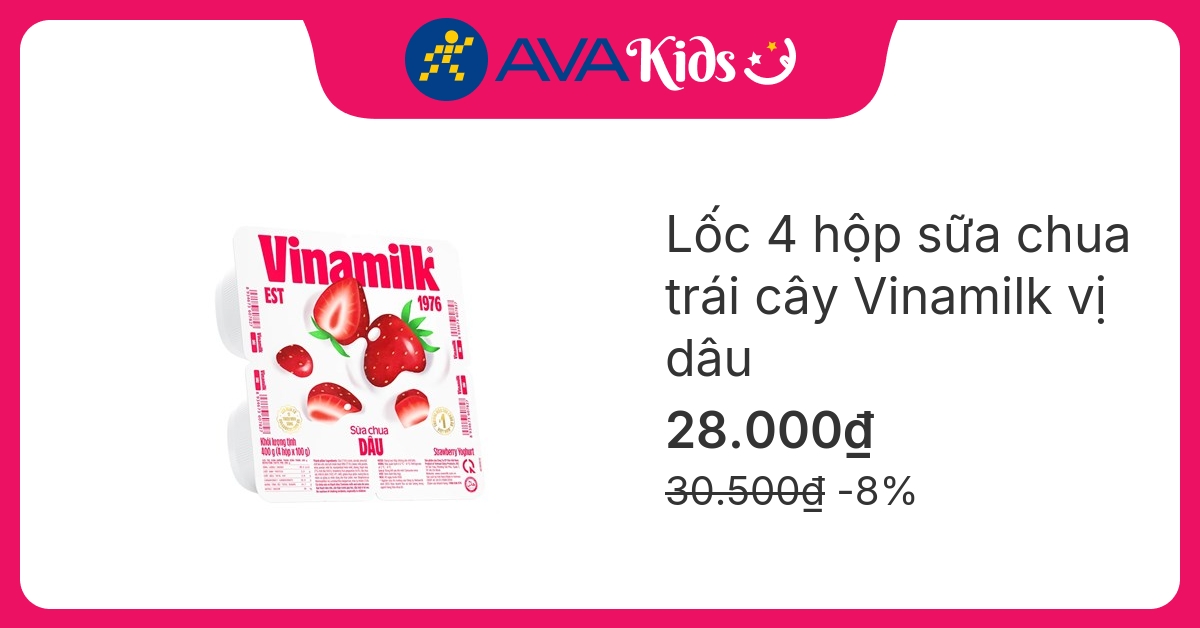 Lốc 4 hộp sữa chua trái cây Vinamilk vị dâu 100g (từ 1 tuổi)