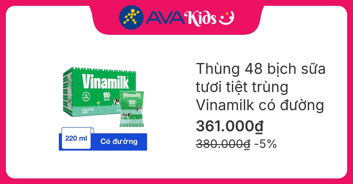 Thùng 48 bịch sữa tươi tiệt trùng Vinamilk có đường 220 ml (từ 1 tuổi)