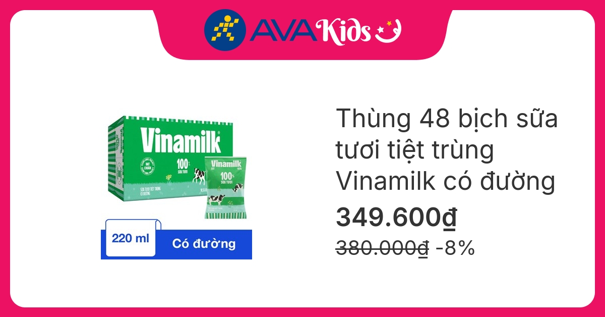 Thùng 48 bịch sữa tươi tiệt trùng Vinamilk có đường 220 ml (từ 1 tuổi)