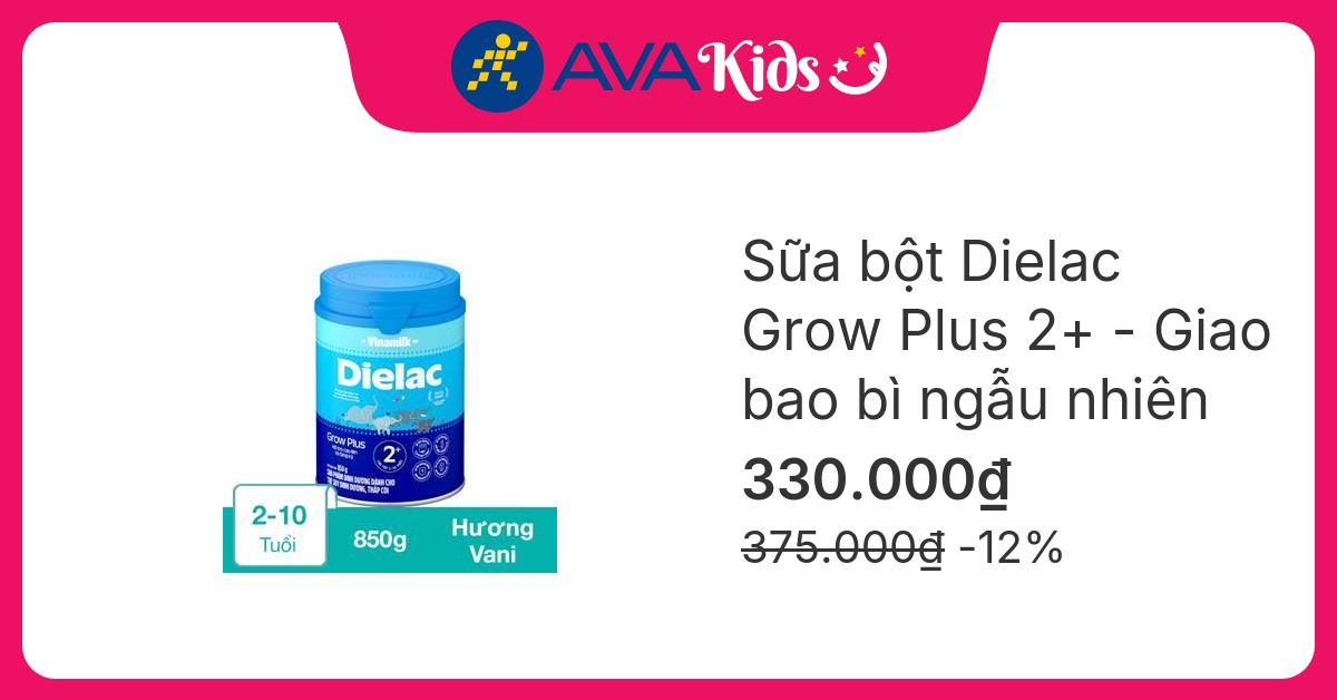 Sữa bột Dielac Grow Plus 2+ (sữa non) hương vani 850g (2 - 10 tuổi) dành cho trẻ suy dinh dưỡng, thấp còi - Giao bao bì ngẫu nhiên