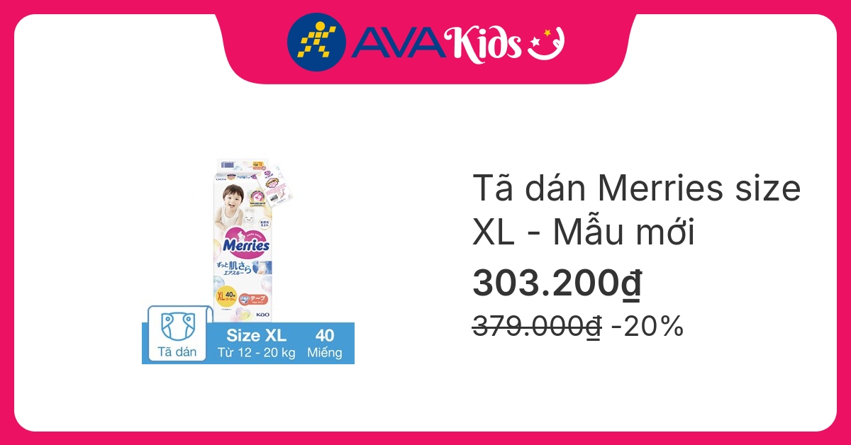 Tã dán Merries size XL 40 miếng (12 - 20 kg) - Mẫu mới