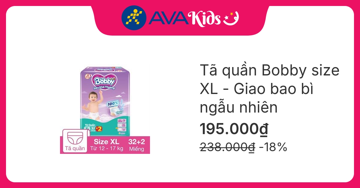 Tã quần Bobby size XL 32 + 2 miếng (12 - 17 kg) - Giao bao bì ngẫu nhiên