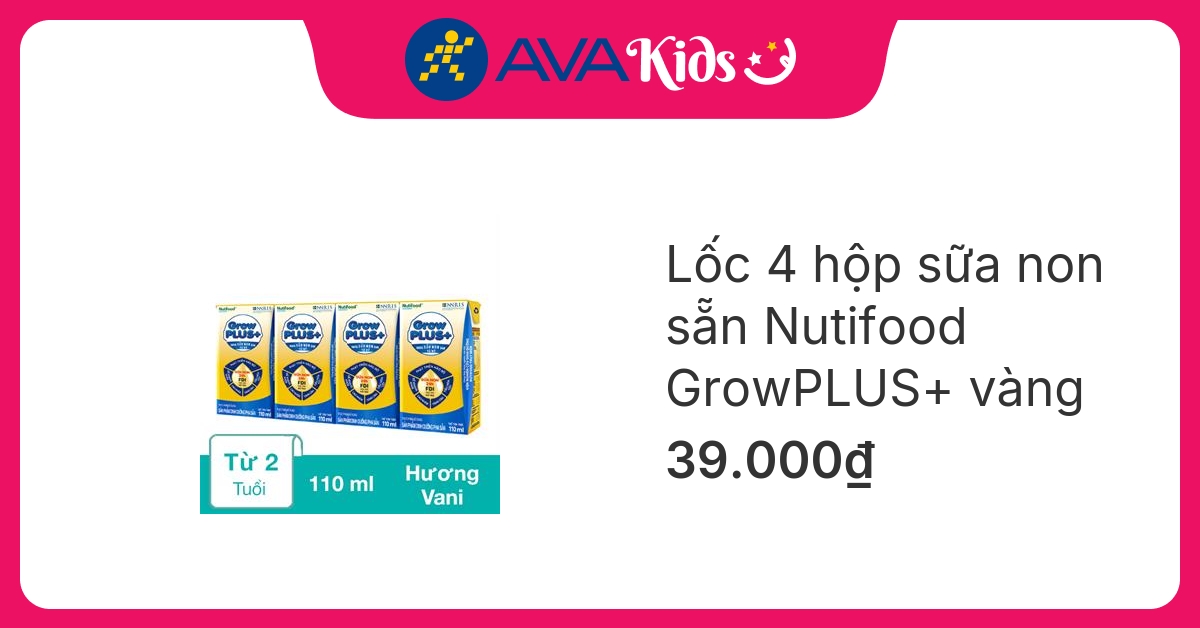 Lốc 4 hộp sữa non pha sẵn NutiFood GrowPLUS+ vàng hương vani 110 ml (từ 1 tuổi) hover