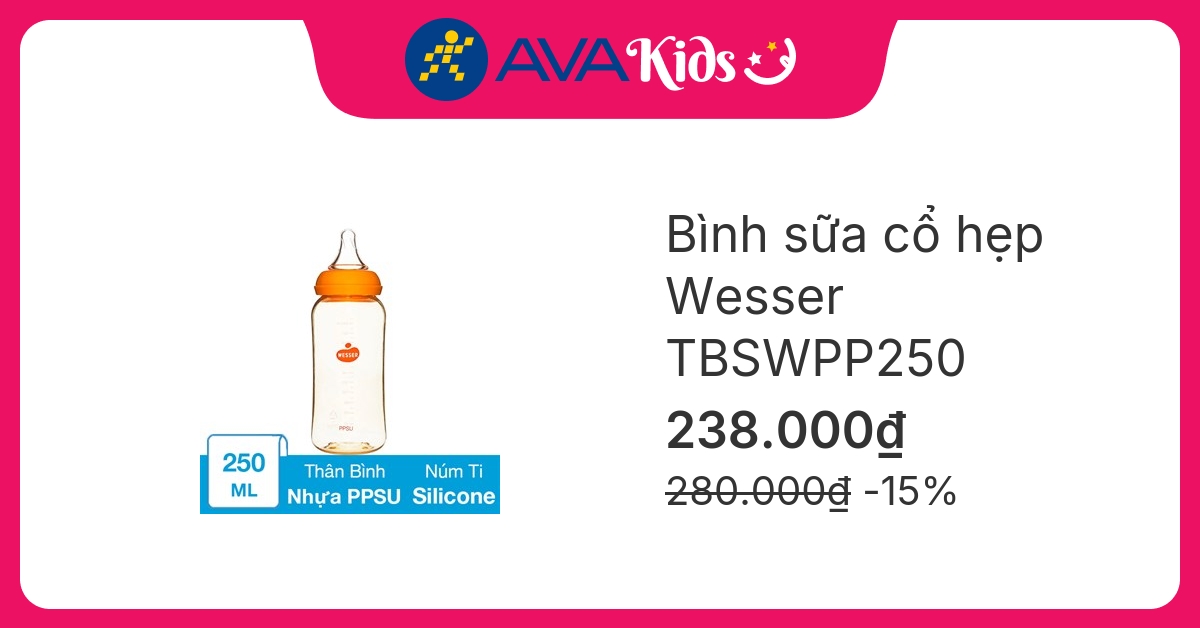Bình sữa nhựa PPSU Wesser TBSWPP250 cổ hẹp 250 ml (4 - 6 tháng)