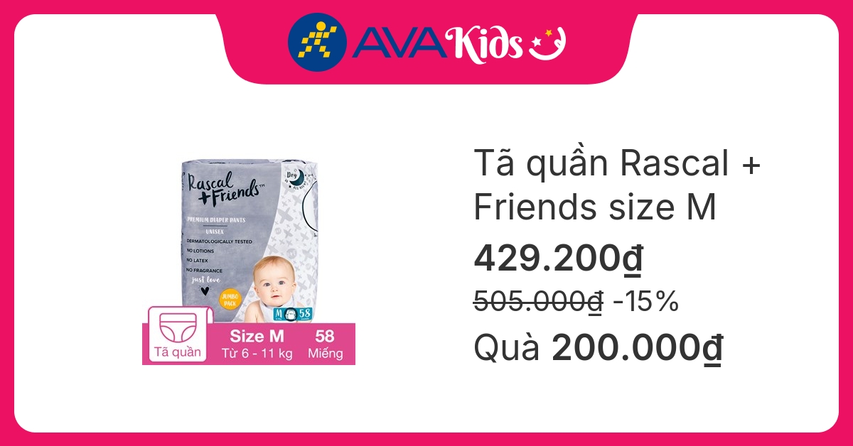 Tã quần Rascal + Friends size M 58 miếng (6 - 11 kg)