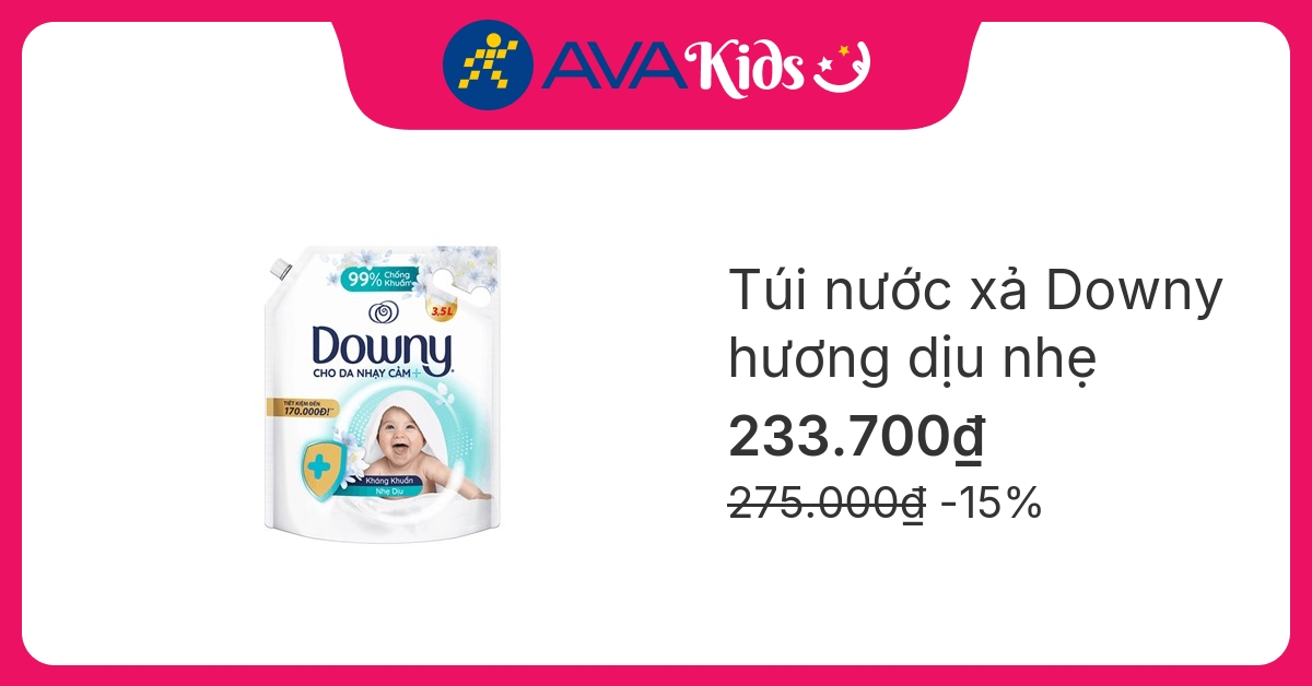 Nước xả quần áo cho bé Downy Kháng Khuẩn Nhẹ Dịu hương dịu nhẹ túi 3.5 lít