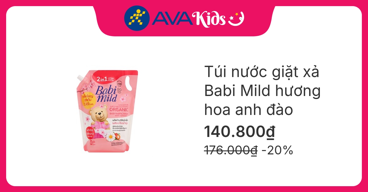 Nước giặt xả quần áo cho bé Babi Mild hương hoa anh đào túi 2.4 lít