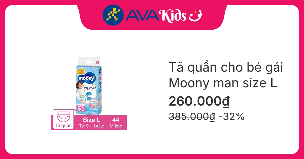 Tã quần cho bé gái Moony man size L 44 miếng (9 - 14 kg)