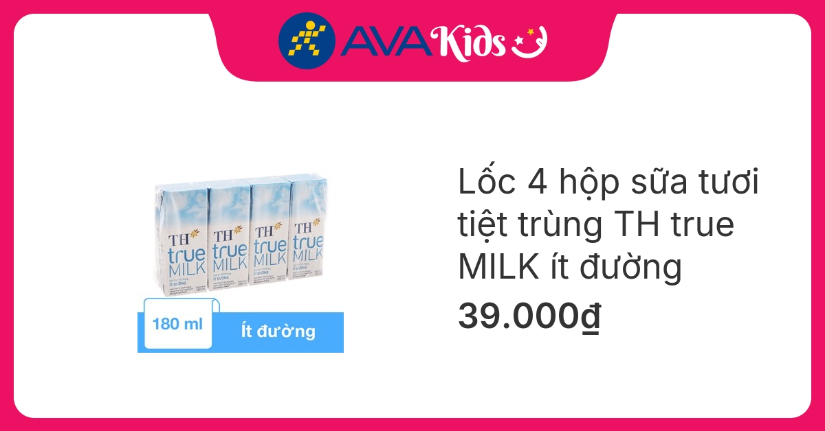 Lốc 4 hộp sữa tươi tiệt trùng TH true MILK ít đường 180 ml (từ 1 tuổi)