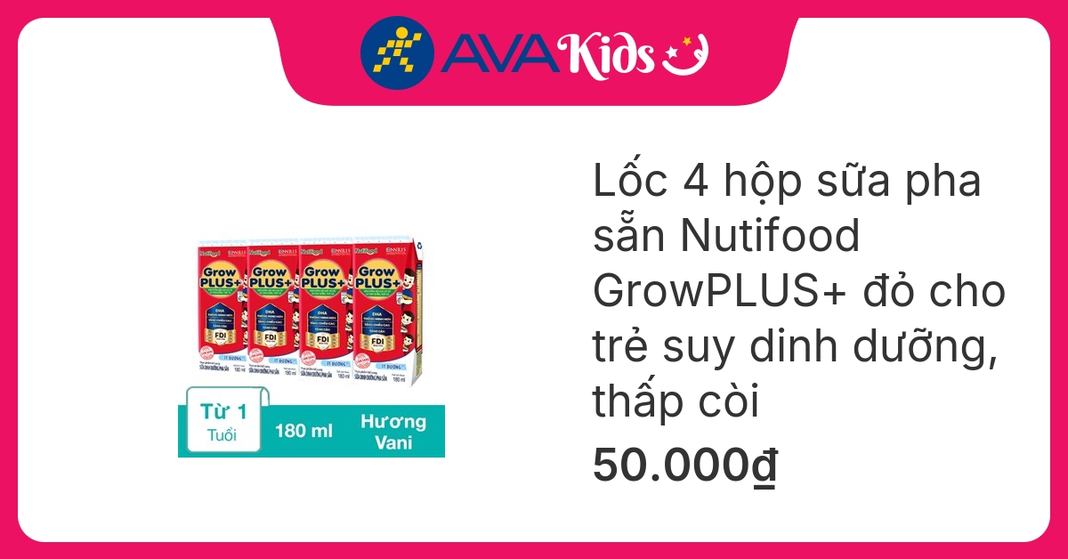 Lốc 4 hộp sữa pha sẵn Nutifood GrowPLUS+ đỏ ít đường hương vani 180 ml cho trẻ suy dinh dưỡng, thấp còi (từ 1 tuổi) hover