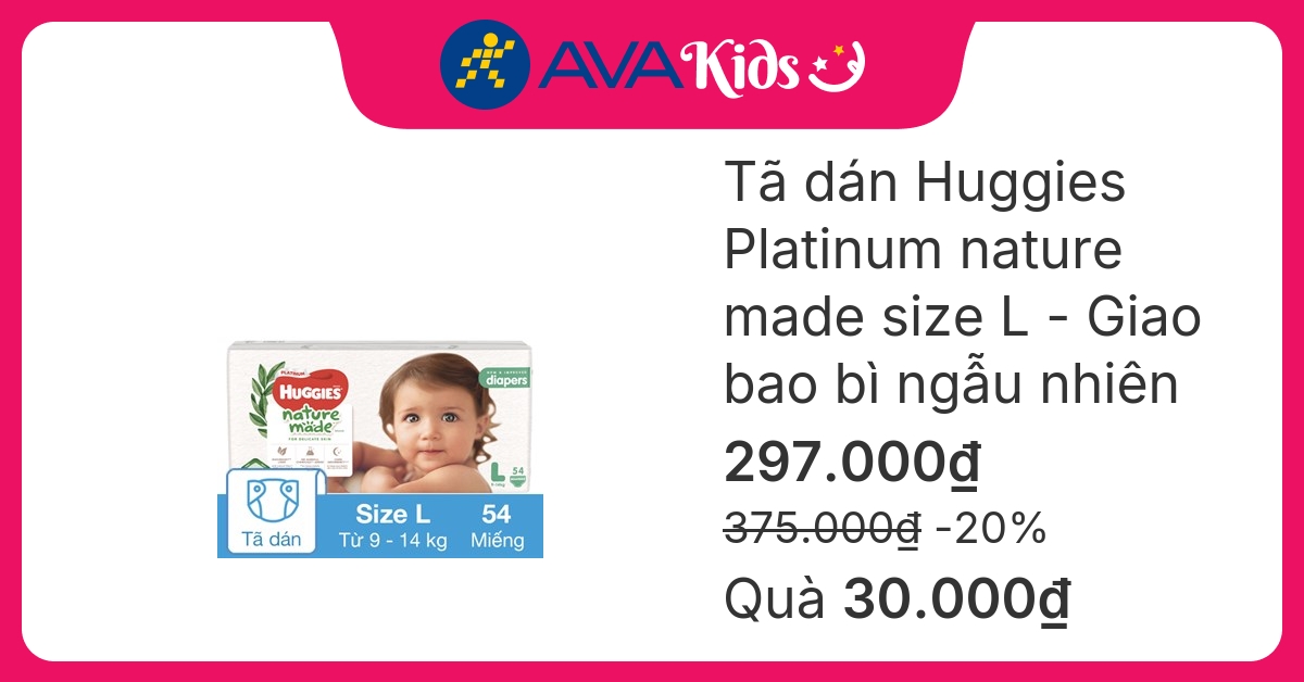 Tã dán Huggies Platinum nature made siêu cao cấp size L 54 miếng (9 - 14 kg) - Giao bao bì ngẫu nhiên