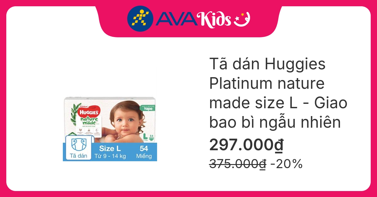 Tã dán Huggies Platinum nature made siêu cao cấp size L 54 miếng (9 - 14 kg) - Giao bao bì ngẫu nhiên