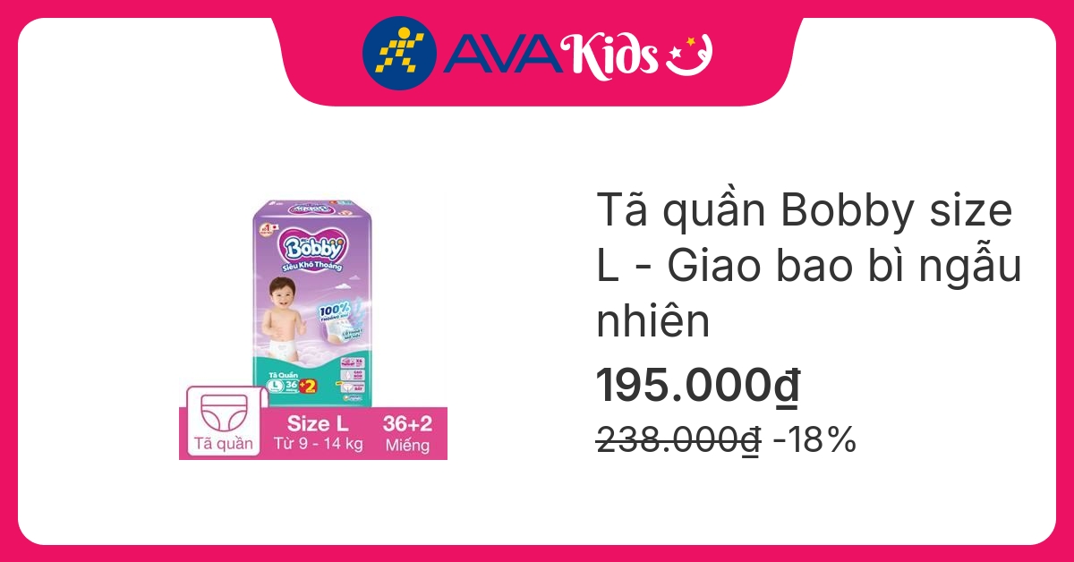 Tã quần Bobby size L 36 + 2 miếng (9 - 14 kg) - Giao bao bì ngẫu nhiên