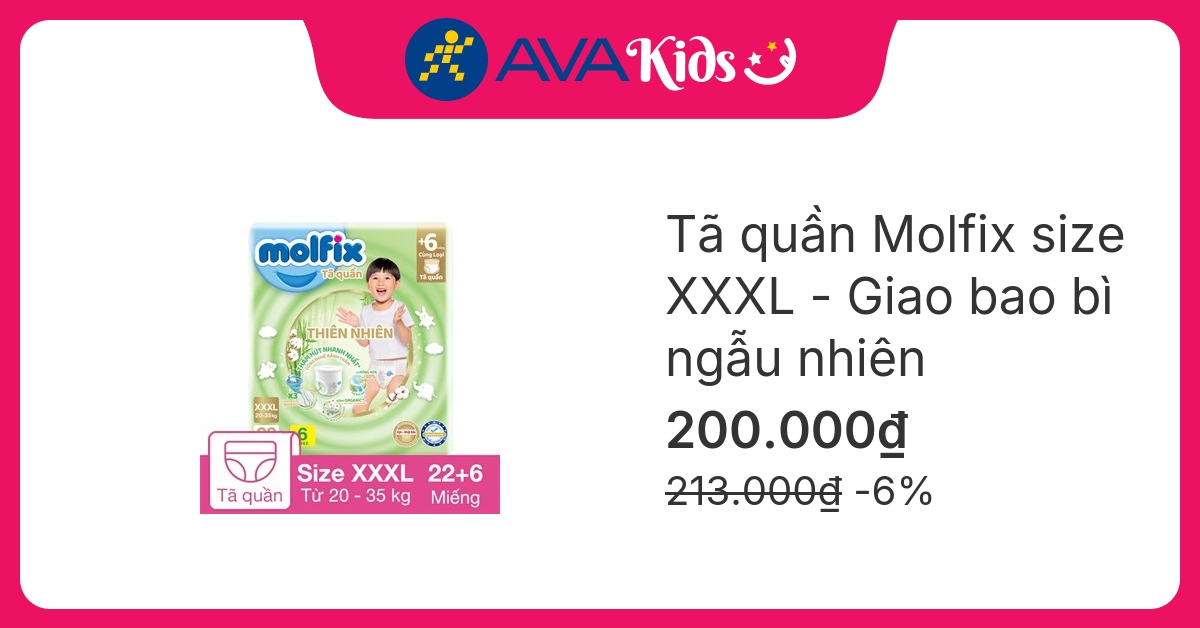 Tã quần Molfix thiên nhiên size XXXL 22 + 6 miếng (20 - 35 kg) - Giao bao bì ngẫu nhiên