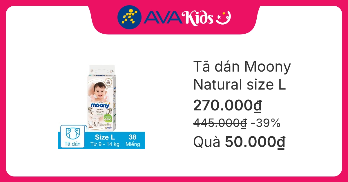 Tã dán Moony Natural size L 38 miếng (9 - 14 kg)