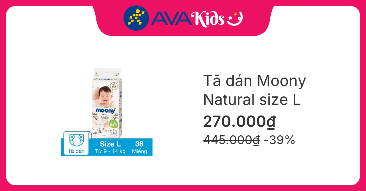 Tã dán Moony Natural size L 38 miếng (9 - 14 kg)