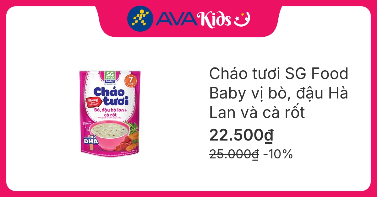 Cháo tươi SG Food Baby vị bò, đậu Hà Lan và cà rốt gói 240g (từ 10 tháng) hover