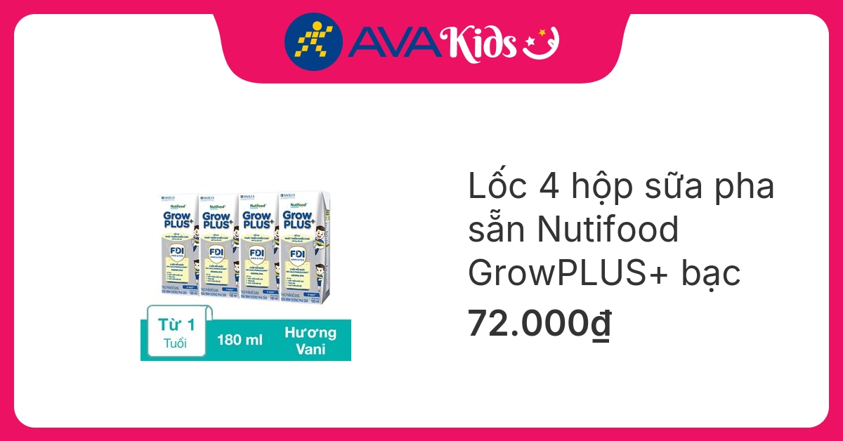 Lốc 4 hộp sữa pha sẵn Nutifood GrowPLUS+ bạc hương vani 180 ml (từ 1 tuổi)