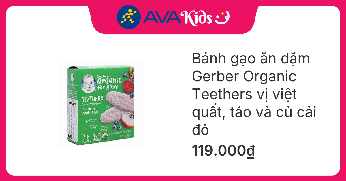 Bánh gạo ăn dặm Gerber Organic Teethers vị việt quất, táo và củ cải đỏ hộp 48g (từ 7 tháng)