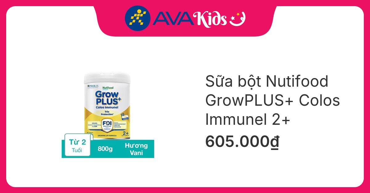 Sữa bột Nutifood GrowPLUS+ Colos Immunel 2+ hương vani 800g (từ 2 tuổi)